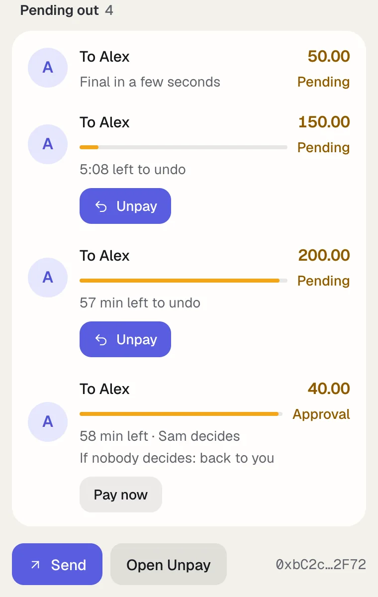 Unpay browser extension: pending payments with time left and the Unpay button