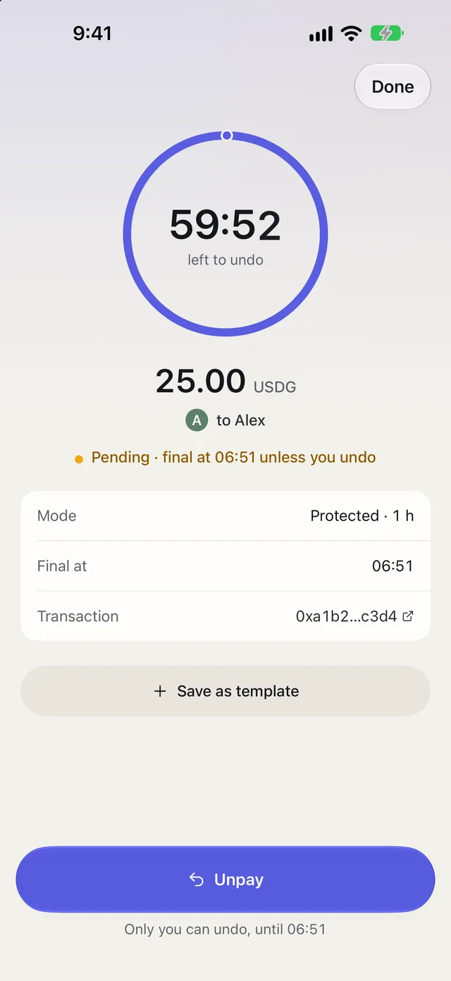 Unpay on iPhone: 59:52 left to undo, the Unpay button