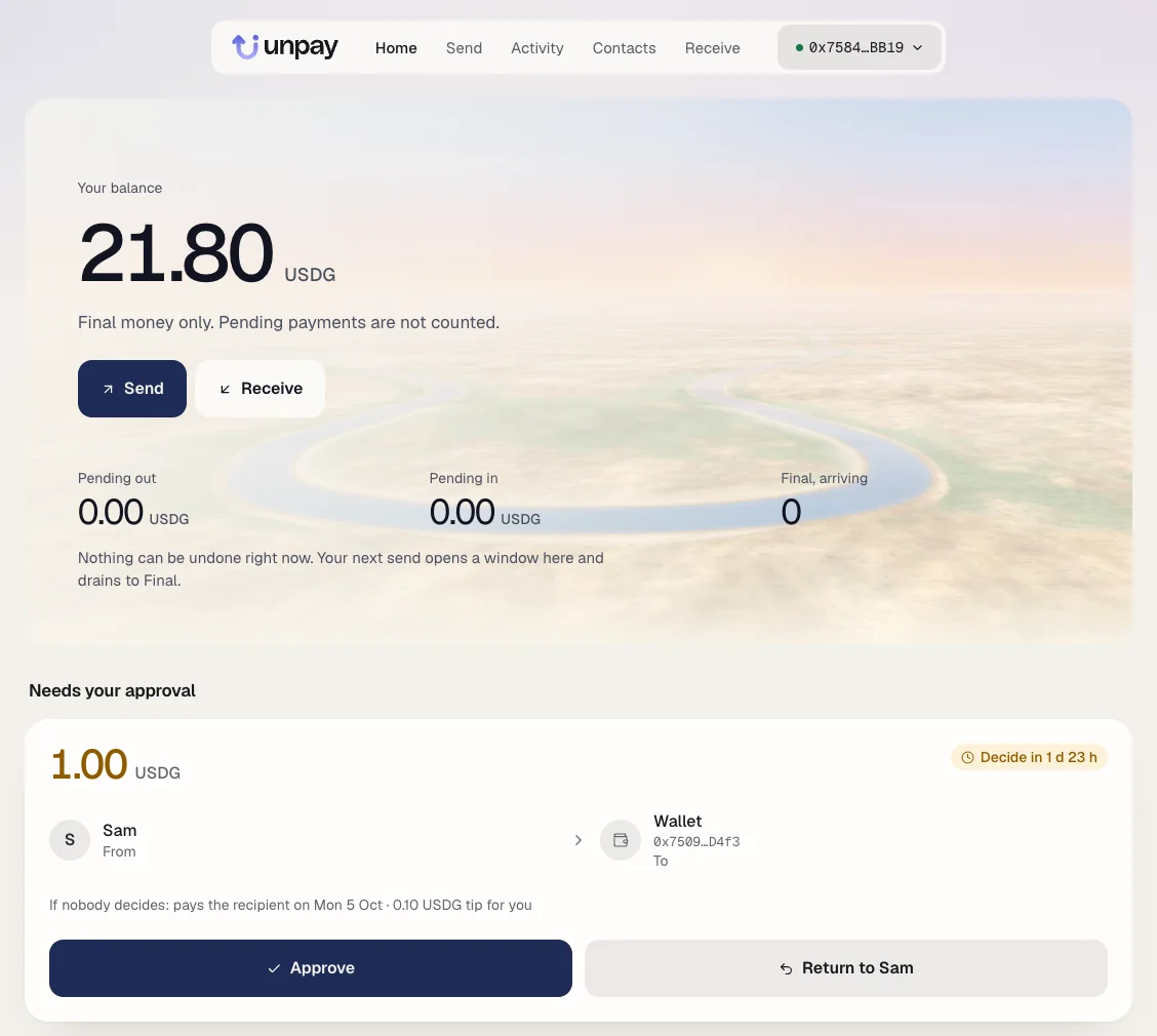 Unpay web app: the home page, a payment that needs your approval